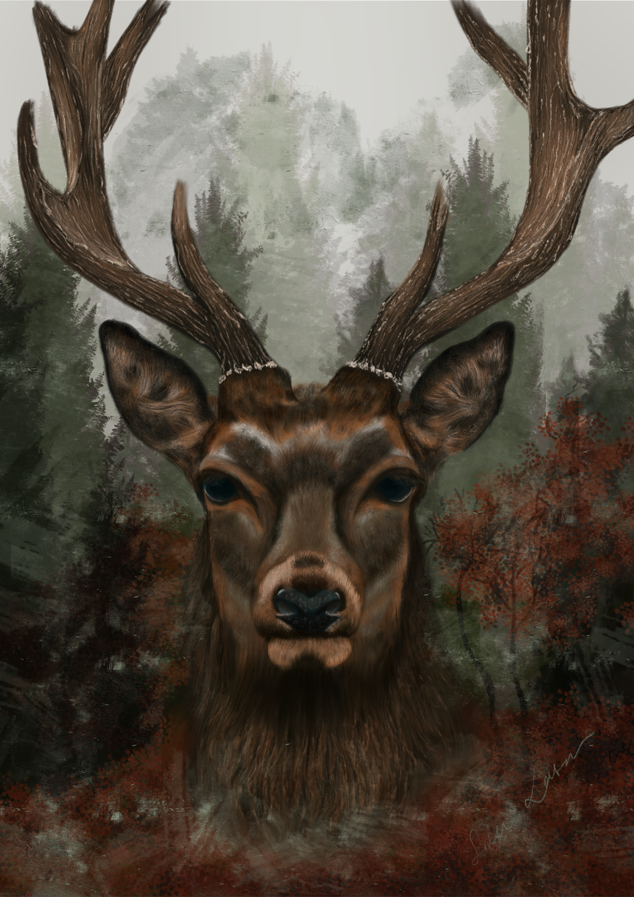 "Jeleń w Mglistym Lesie" wydruk artystyczny